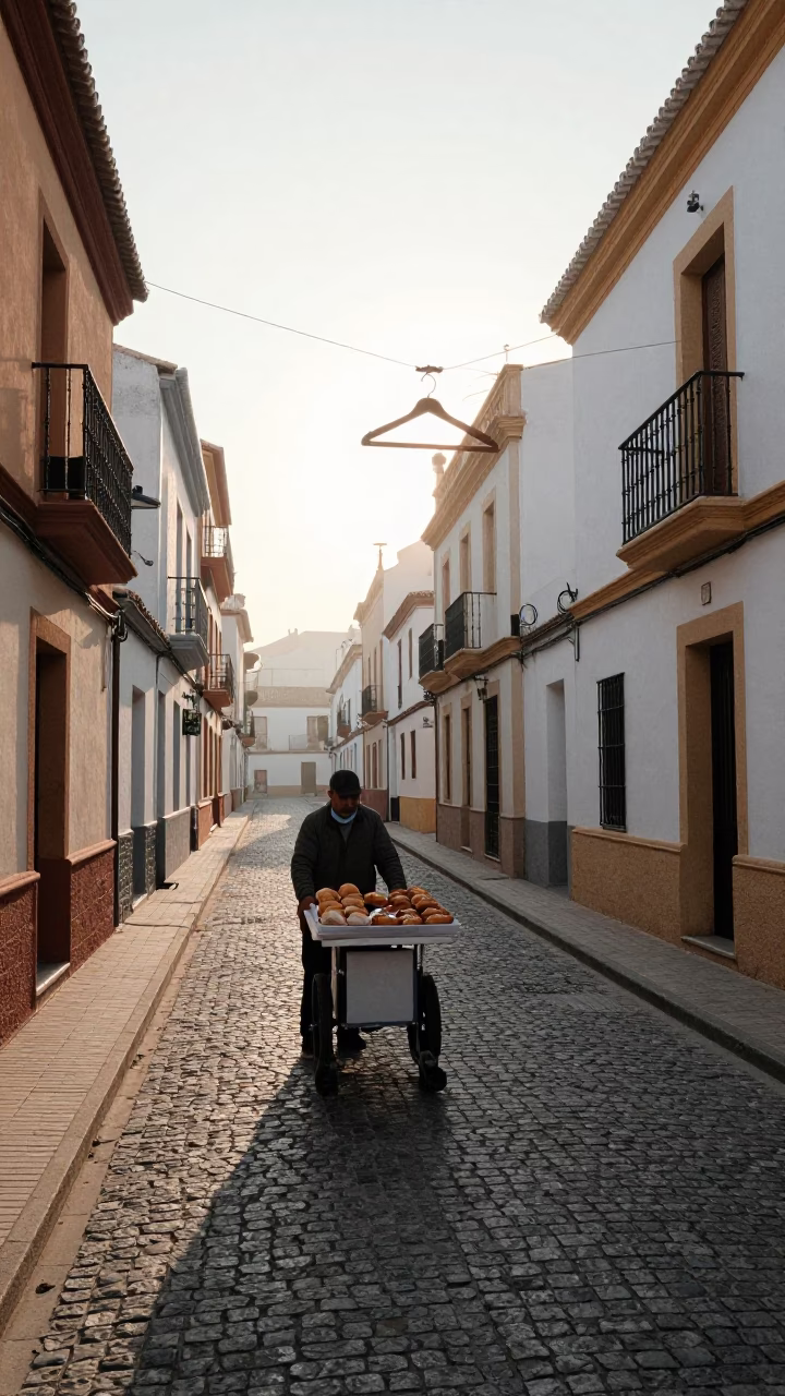 Early Morning Valencia Street Scene with Wooden Hanger and Local Breakfast in in Valencia, Spain