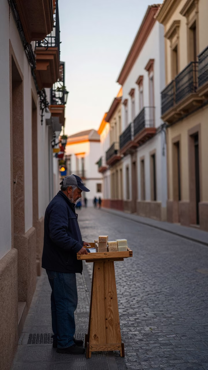 Early Morning Valencia Street Scene with Wooden Tray and Bar Soap at Dawn in in Valencia, Spain