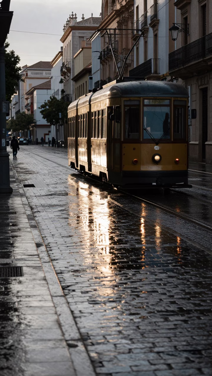 Early Morning Valencia Tram Reflection on Wet Cobblestones in in Valencia, Spain