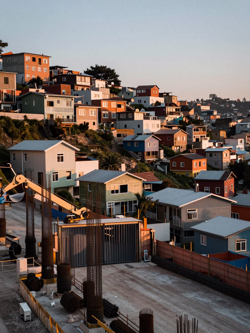 Early Morning Valparaiso Chile Construction Site with Rebar Bundles and Elevator Gate in in Valparaiso, Chile
