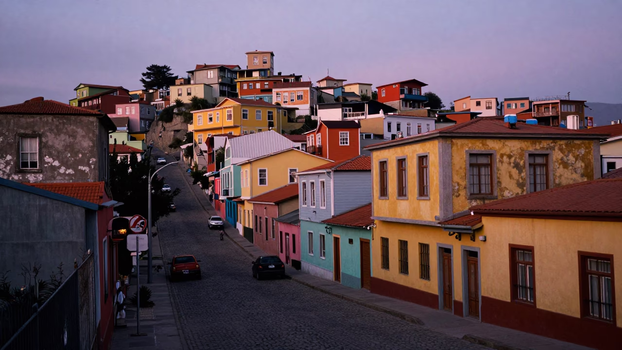 Early Morning Valparaiso Chile Street Scene Before Sunrise with Colorful House and Local Detail in in Valparaiso, Chile