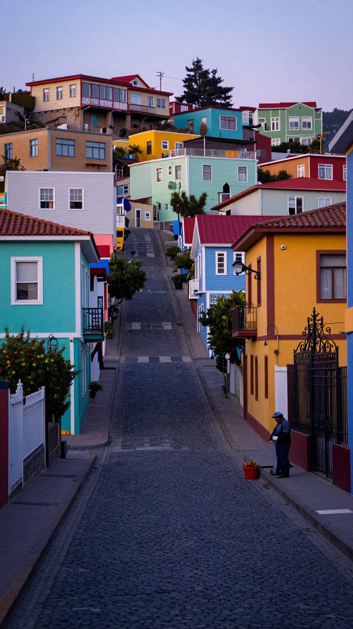 Early Morning Valparaiso Chile Street Scene with Apples and Colorful Hillside Architecture in in Valparaiso, Chile