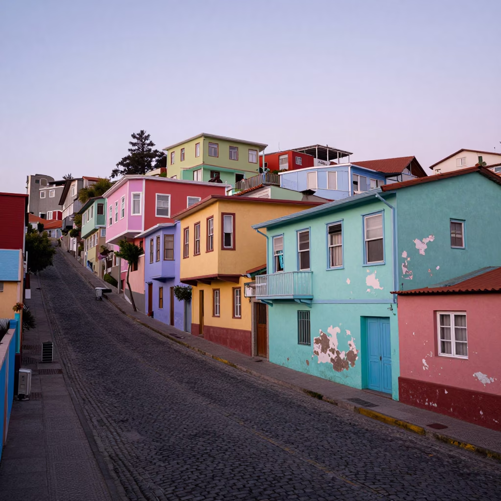 Early Morning Valparaiso Chile Street Scene with Colorful Facades and Local Life in in Valparaiso, Chile