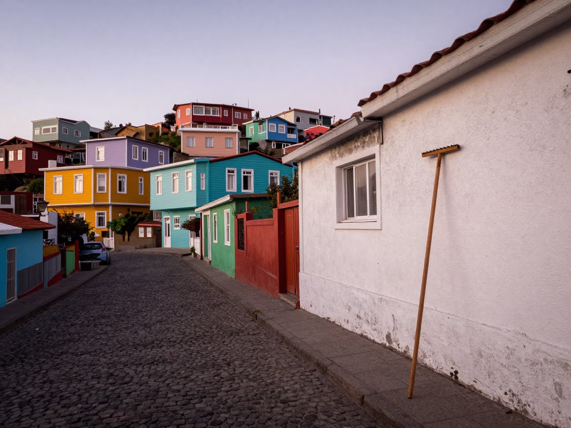 Early Morning Valparaiso Chile Street Scene with Colorful House and Rake in in Valparaiso, Chile