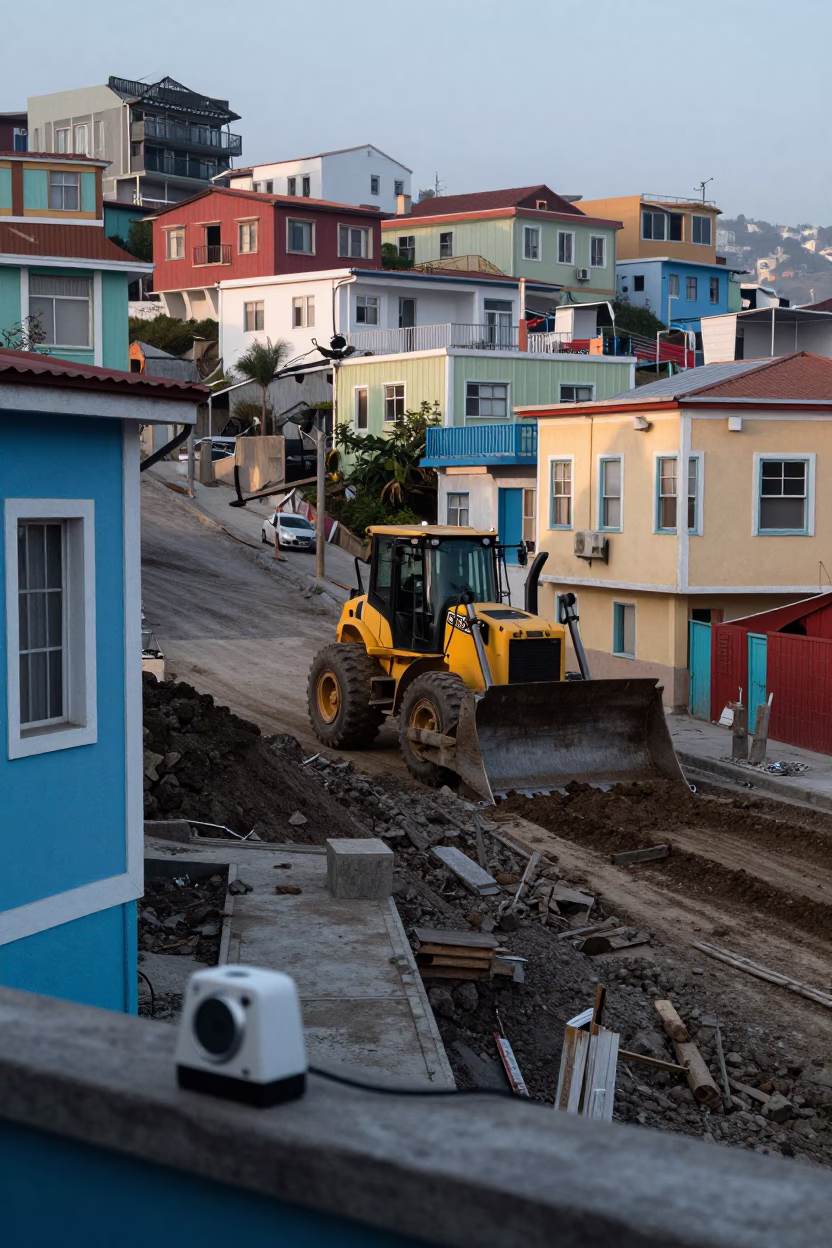 Early Morning Valparaiso Chile Street Scene with Construction and Weathered Architecture in in Valparaiso, Chile