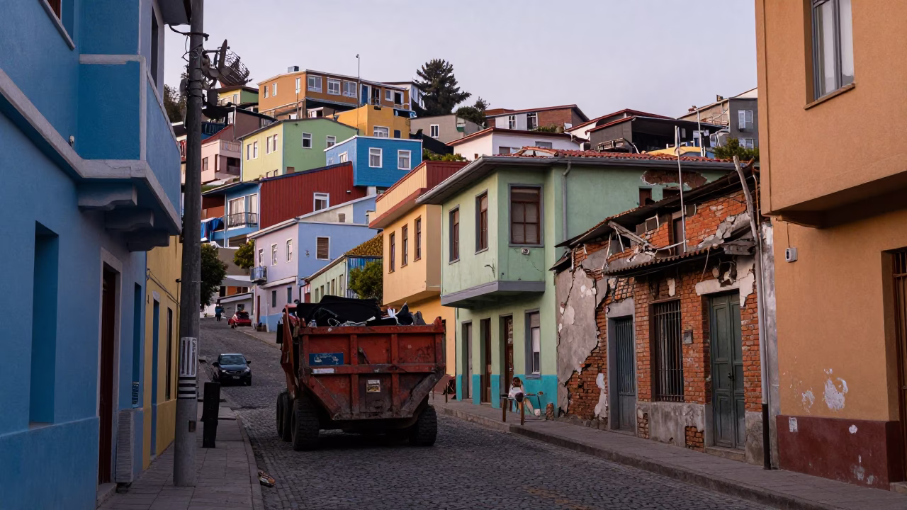 Early Morning Valparaiso Chile Street Scene with Demolition Dumpster and Shirt Hanger in in Valparaiso, Chile