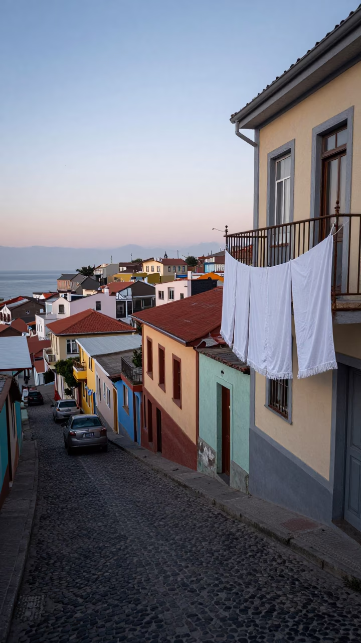 Early Morning Valparaiso Chile Street Scene with Laundry and Coastal Light in in Valparaiso, Chile