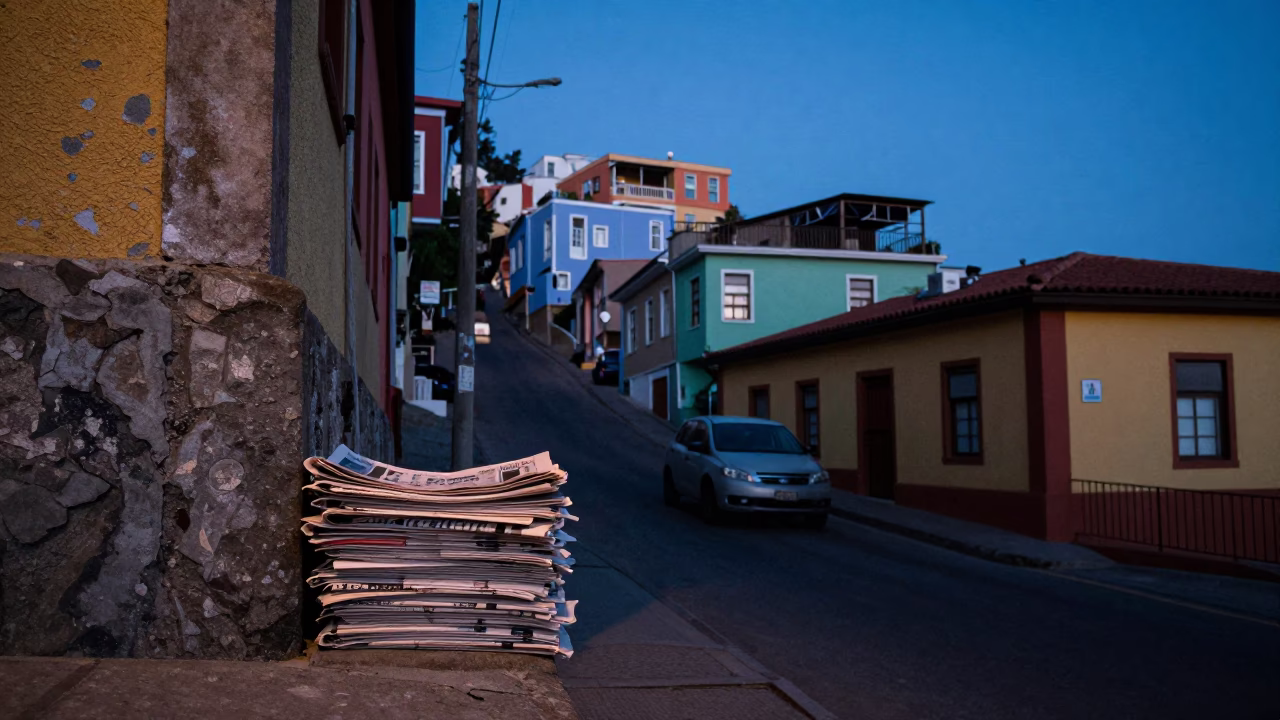 Early Morning Valparaiso Chile Street Scene With Newspaper Stack And Stair Rail in in Valparaiso, Chile