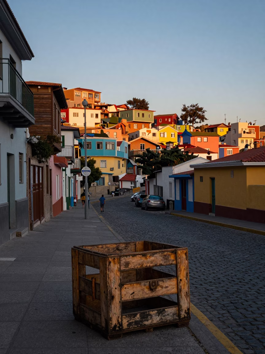 Early Morning Valparaiso Chile Street Scene with Painted Crate and Clay Pot in in Valparaiso, Chile