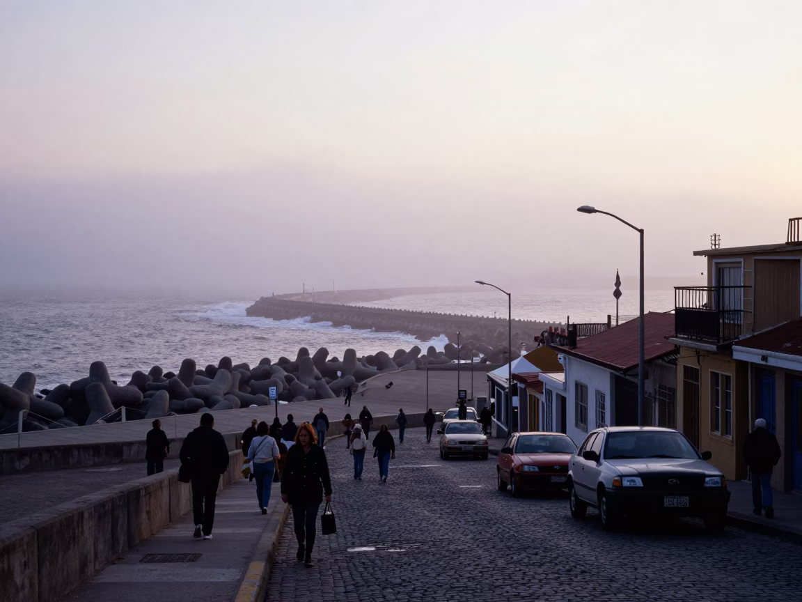 Early Morning Valparaiso Chile Street Scene with Sea Fog and Local Market Activity in in Valparaiso, Chile