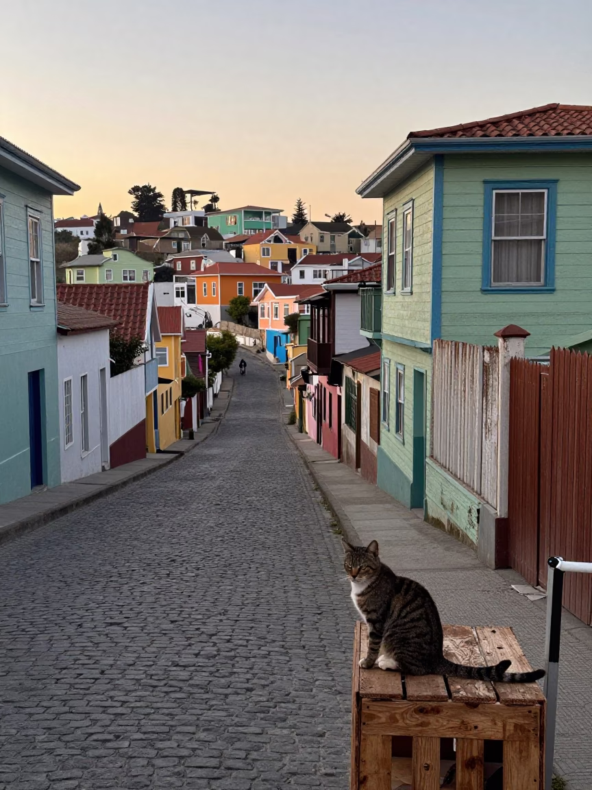 Early Morning Valparaiso Chile Street Scene with Tabby Cat and Local Market Details in in Valparaiso, Chile