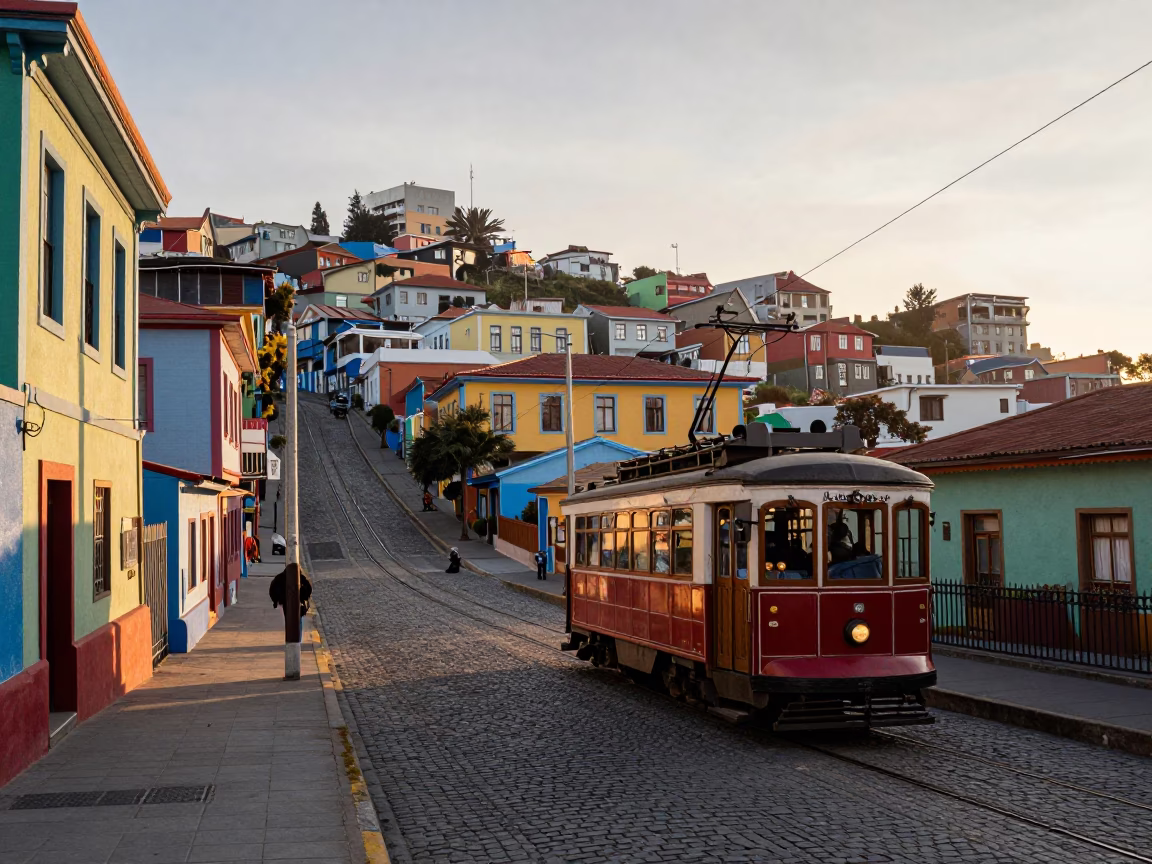 Early Morning Valparaiso Chile Street Scene with Tram and Colorful Facades in in Valparaiso, Chile