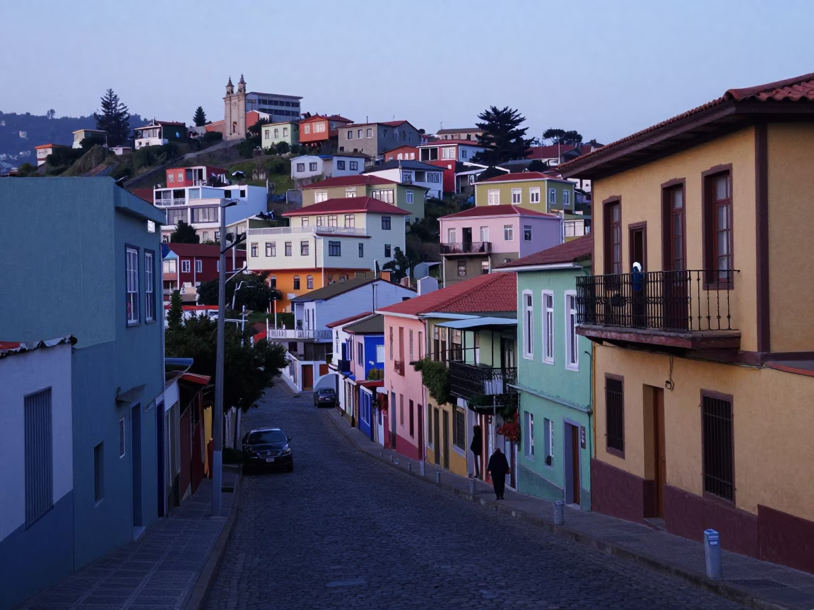 Early Morning Valparaiso Chile Street Scene with Vintage Thermos and Local Architecture in in Valparaiso, Chile