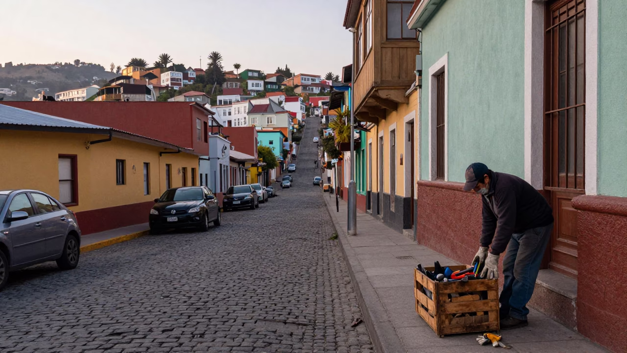 Early Morning Valparaiso Chile Street Scene with Work Gloves and Stone Details in in Valparaiso, Chile