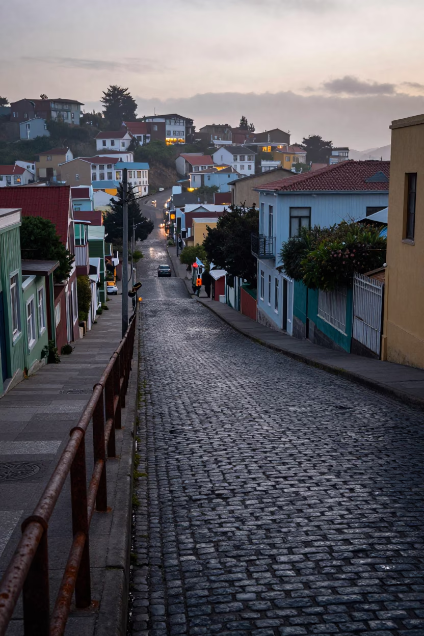 Early Morning Valparaiso Street Scene with Rusty Railings and Cobblestone Slopes in in Valparaiso, Chile