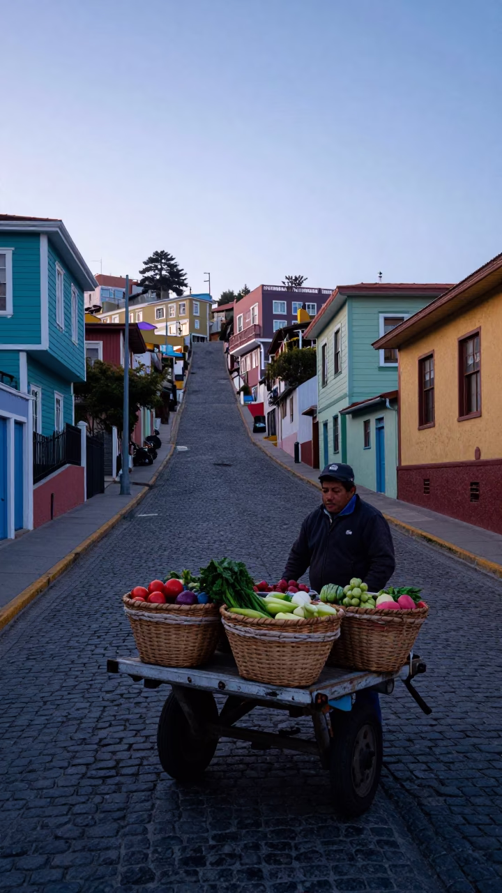 Early Morning Valparaiso Street Scene with Woven Basket and Local Market Activity in in Valparaiso, Chile