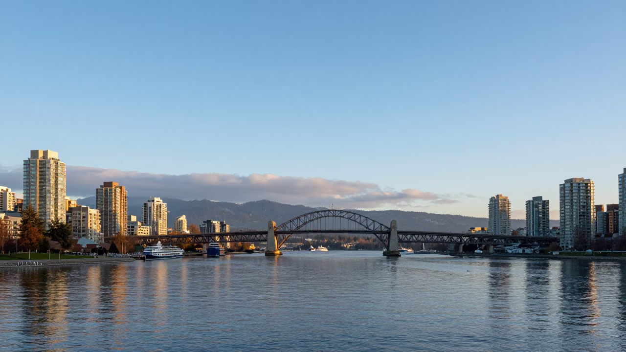Early Morning Vancouver British Columbia Canada Harbour Bridge and Waterfront Cityscape in in Vancouver, British Columbia, Canada