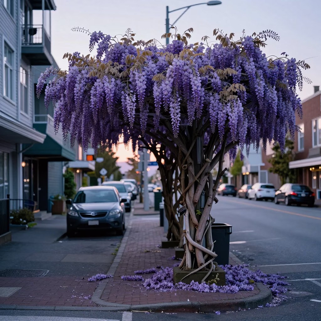 Early Morning Vancouver British Columbia Street Scene with Wisteria and Fallen Purple Petals in in Vancouver, British Columbia, Canada