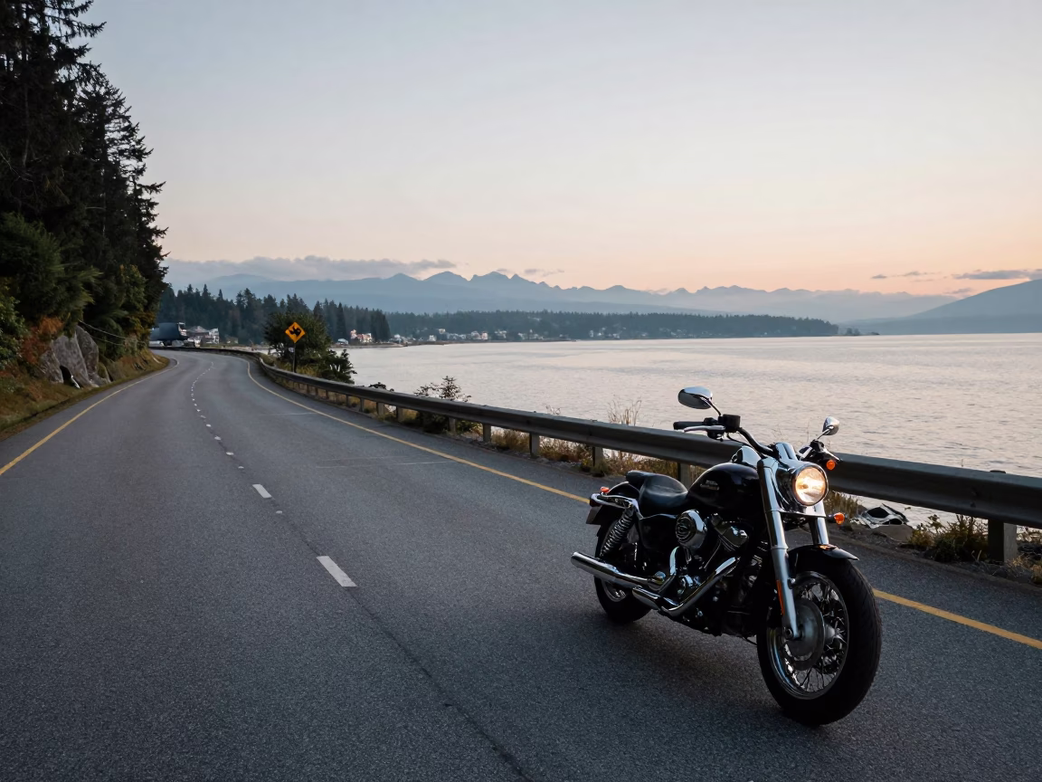 Early Morning Vancouver Coastal Highway Motorcycle Pass with Distant Mountain Silhouette in in Vancouver, British Columbia, Canada
