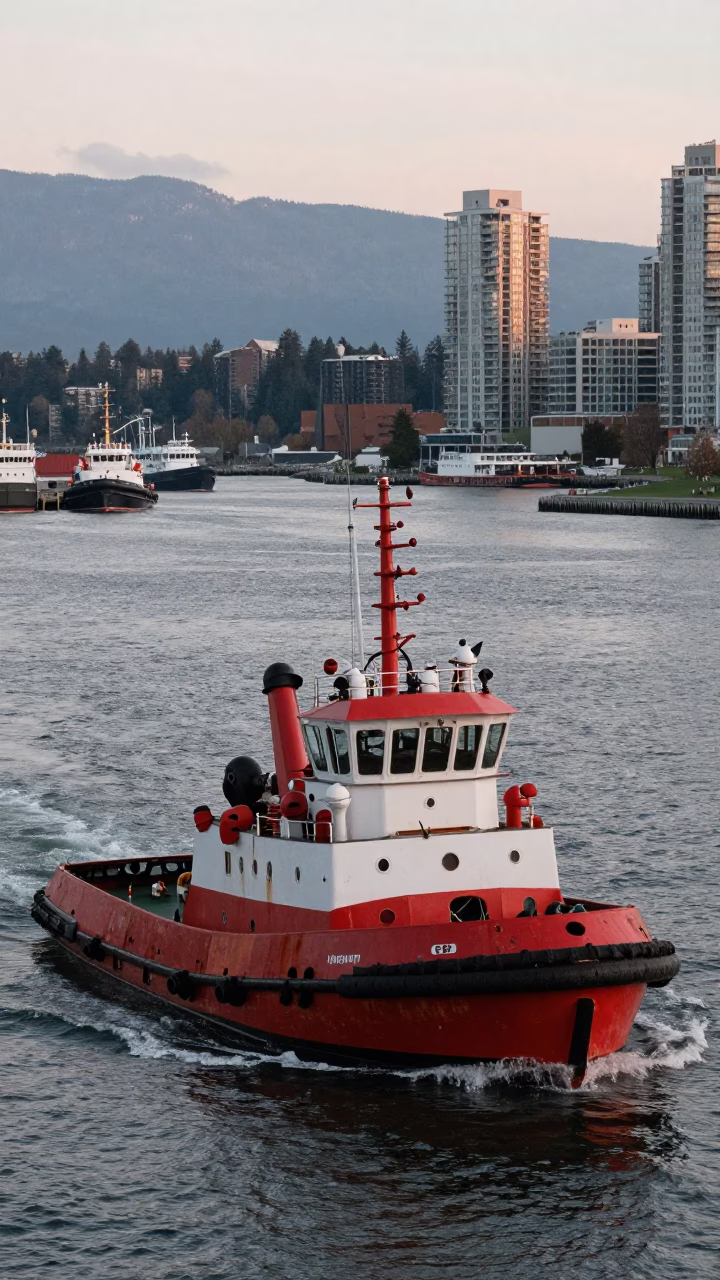 Early Morning Vancouver Harbor Tugboat Navigating Busy Waterway Near Downtown Skyline in in Vancouver, British Columbia, Canada