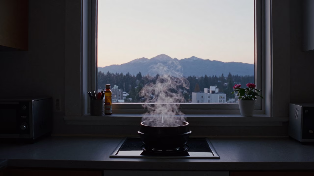 Early Morning Vancouver Kitchen with Bubbling Korean Stew and Morning Light in in Vancouver, British Columbia, Canada