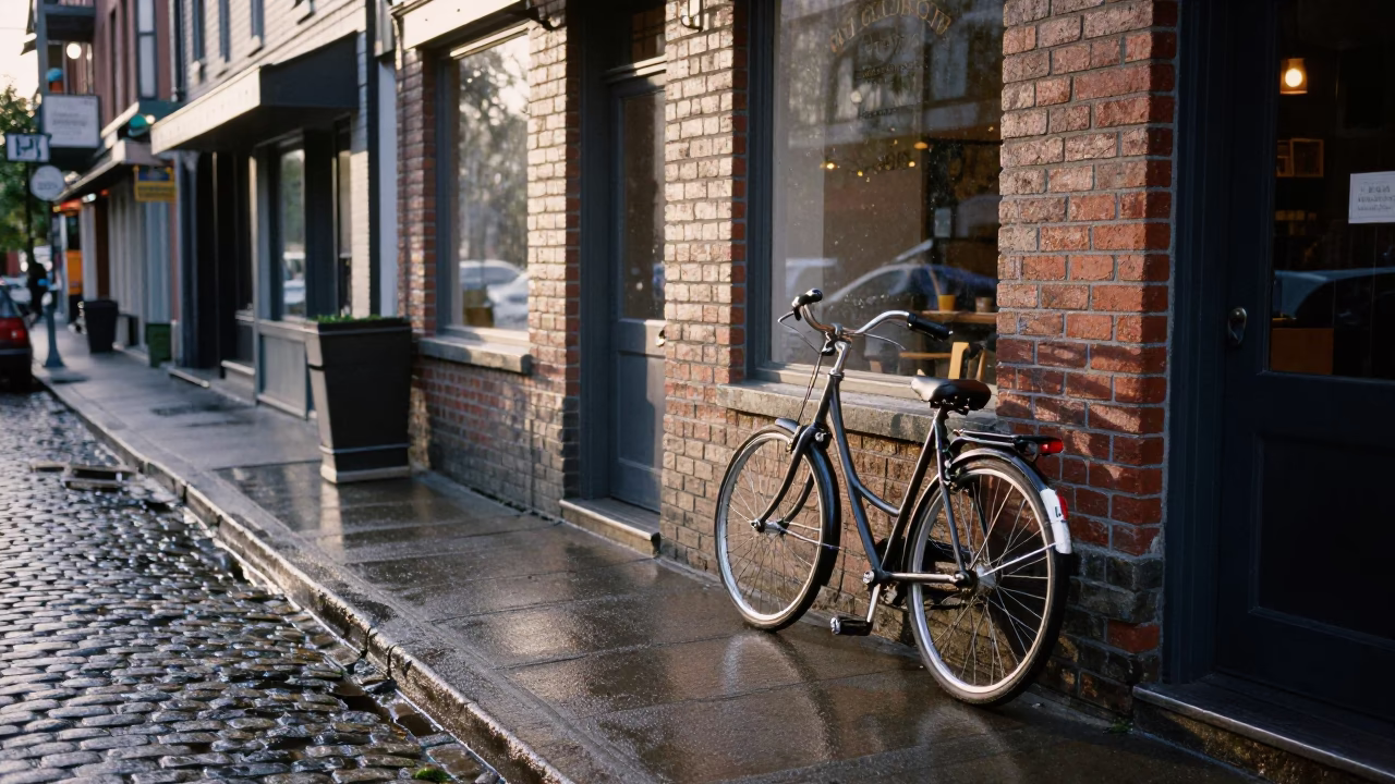 Early Morning Vancouver Street Scene with Bicycle and Puddle Reflections in in Vancouver, British Columbia, Canada