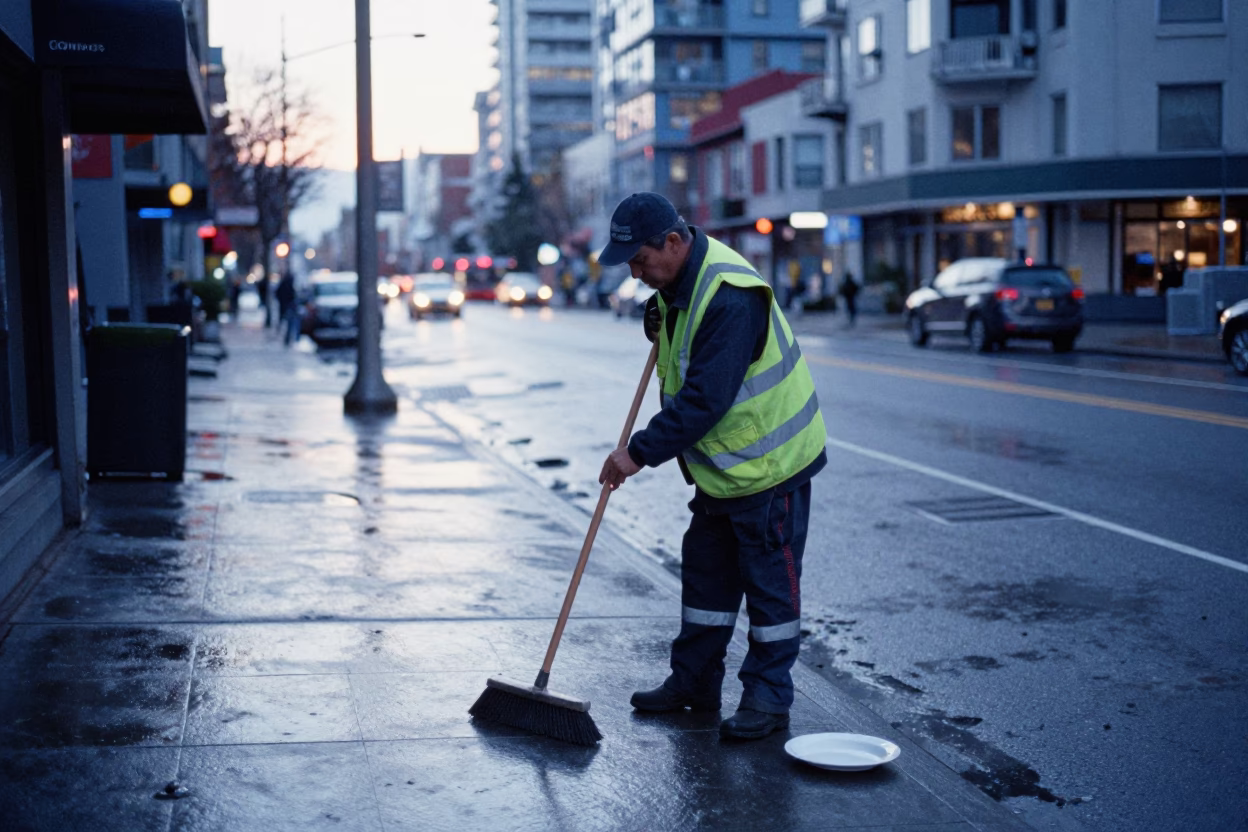 Early Morning Vancouver Street Scene with Broom and Blue White Porcelain Plate in in Vancouver, British Columbia, Canada