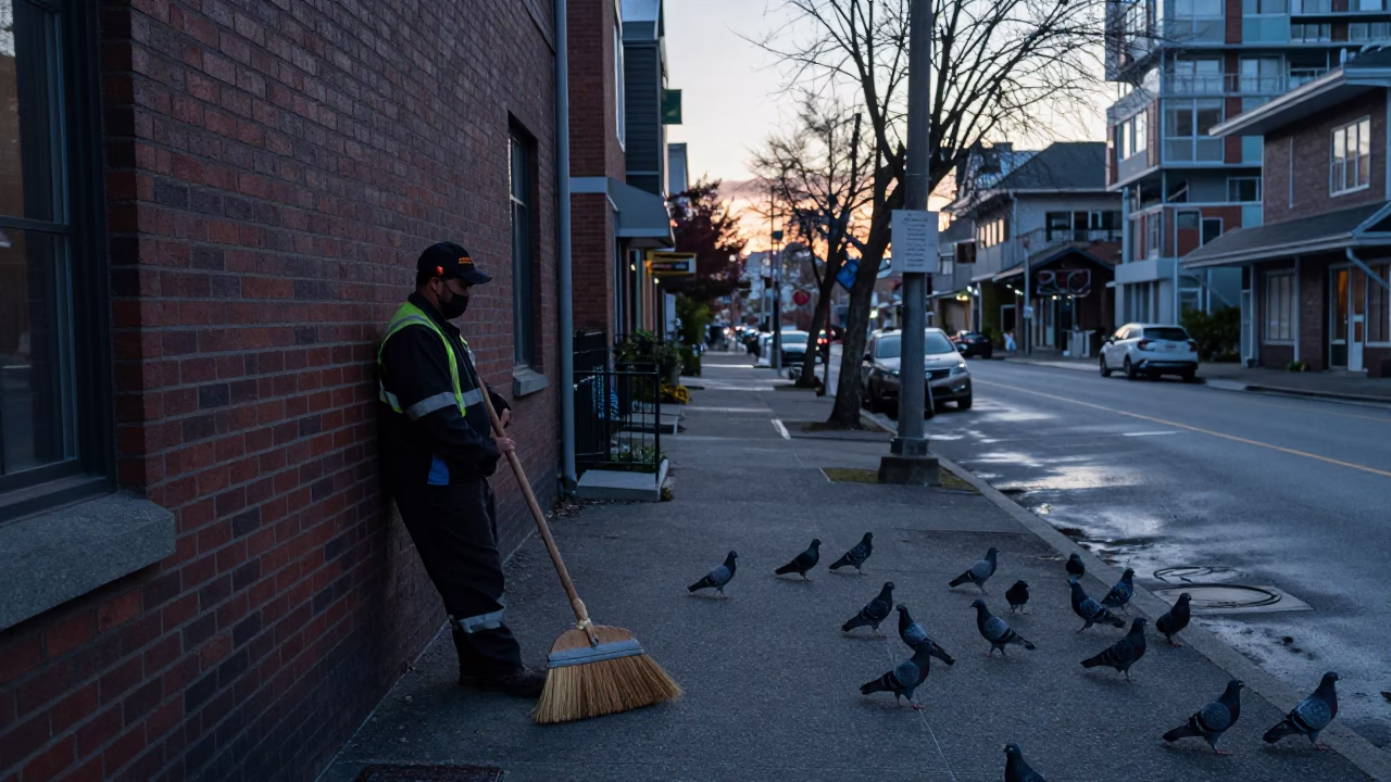 Early Morning Vancouver Street Scene with Broom and Pigeons Before Sunrise in in Vancouver, British Columbia, Canada