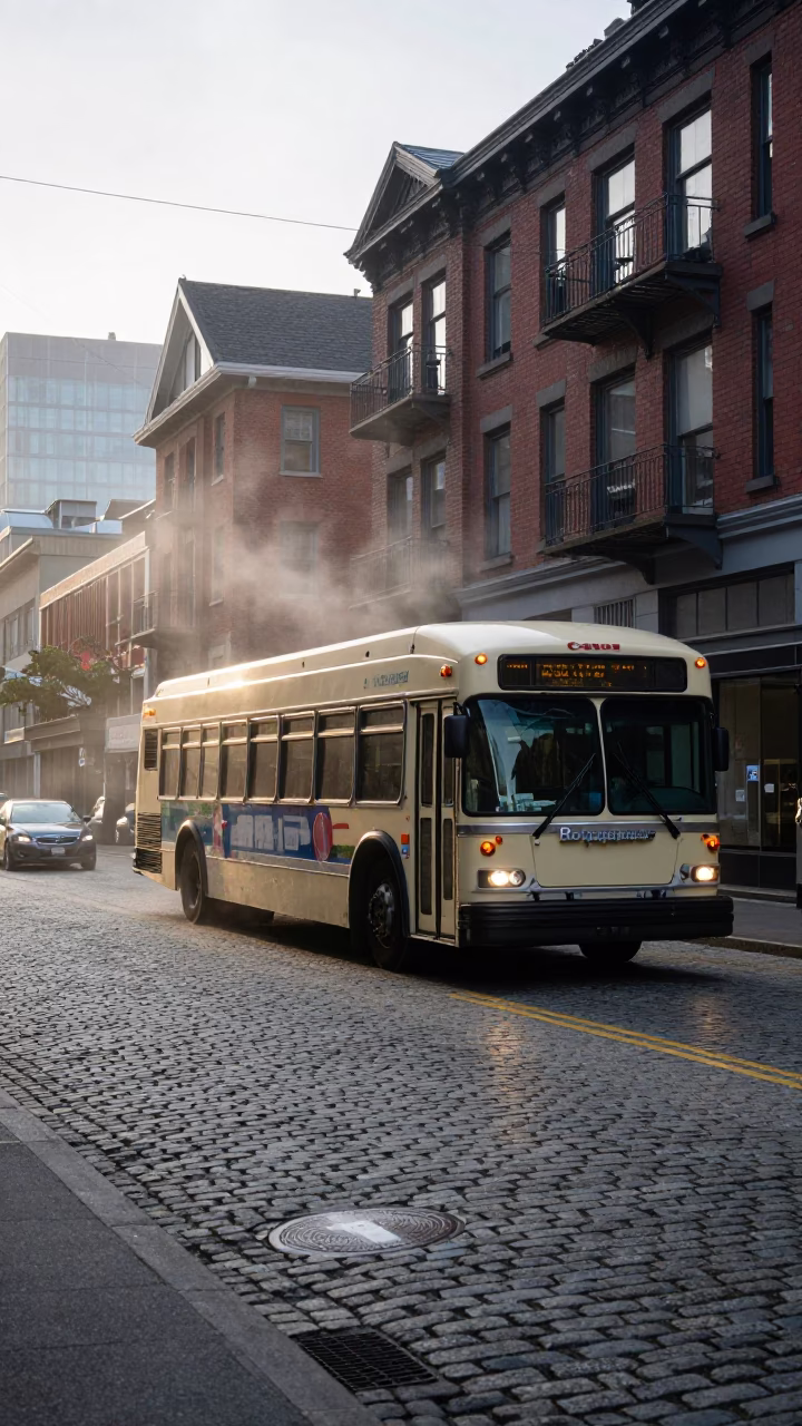 Early Morning Vancouver Street Scene with Classic Bus and Local Interaction in in Vancouver, British Columbia, Canada