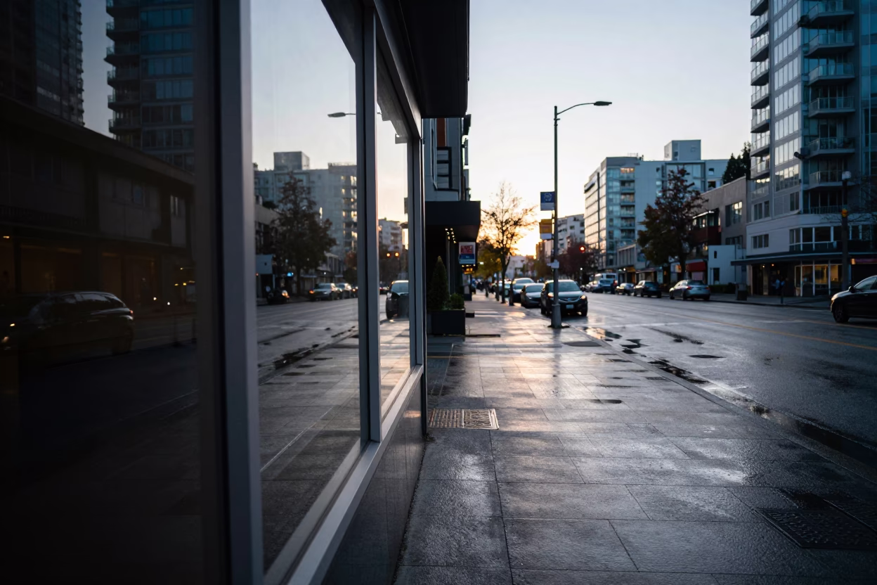 Early Morning Vancouver Street Scene with Clear Glass Sill Edge and Urban Architecture in in Vancouver, British Columbia, Canada