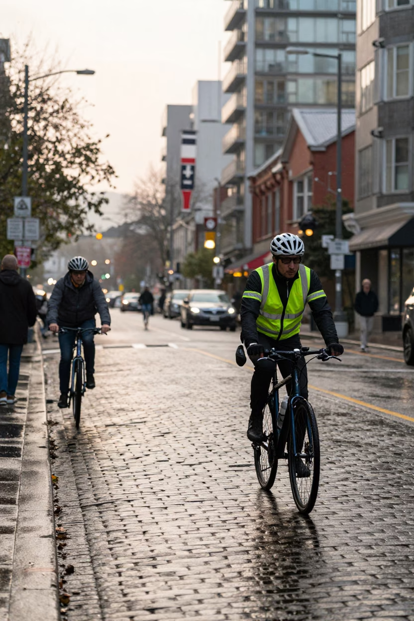 Early Morning Vancouver Street Scene with Cyclist and Coffee Cup in in Vancouver, British Columbia, Canada