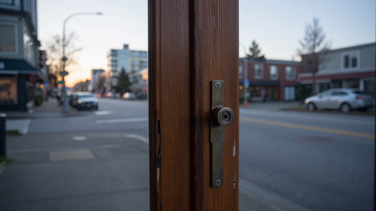Early Morning Vancouver Street Scene with Deadbolt and Glass Saucer Details in in Vancouver, British Columbia, Canada