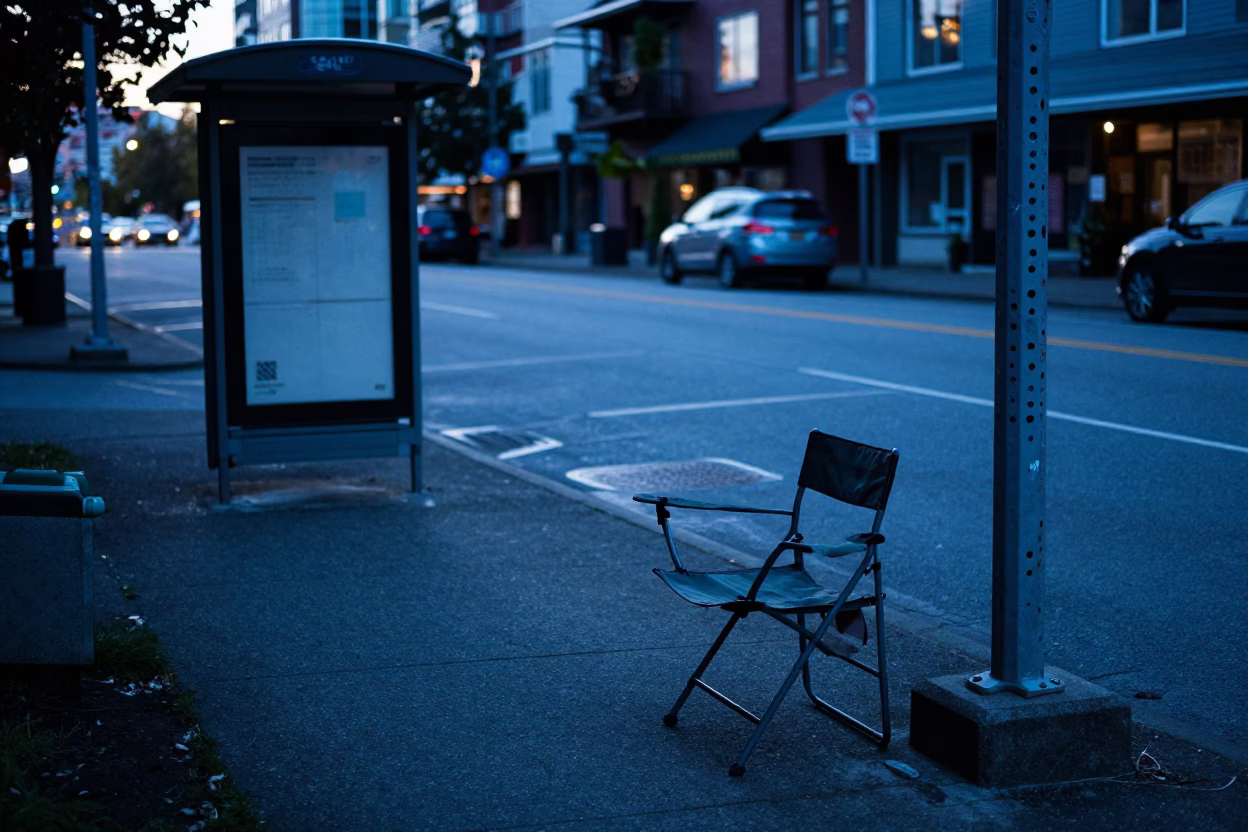Early Morning Vancouver Street Scene with Folding Chair and Urban Details in in Vancouver, British Columbia, Canada