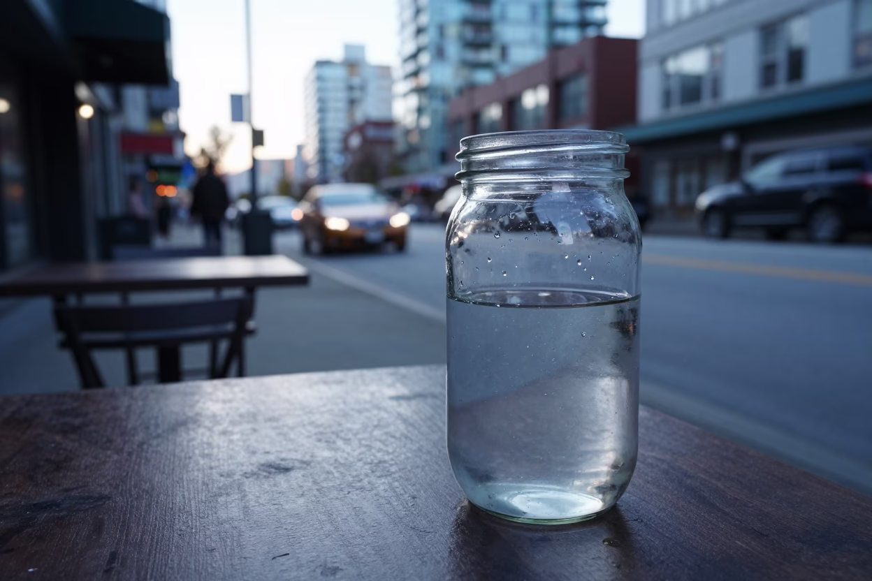 Early Morning Vancouver Street Scene with Glass Jar and Flowering Plant in in Vancouver, British Columbia, Canada