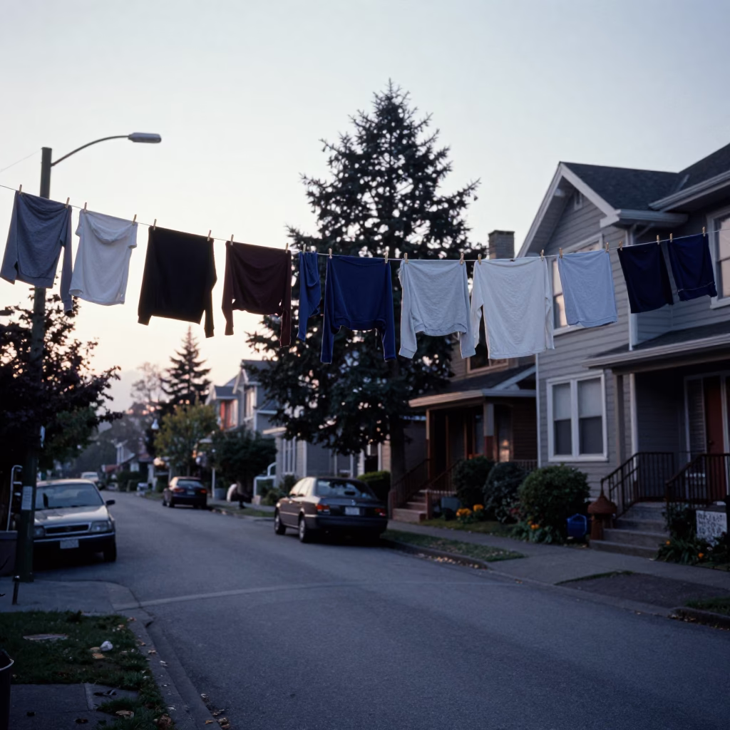 Early Morning Vancouver Street Scene with Hanging Laundry and Urban Architecture in in Vancouver, British Columbia, Canada