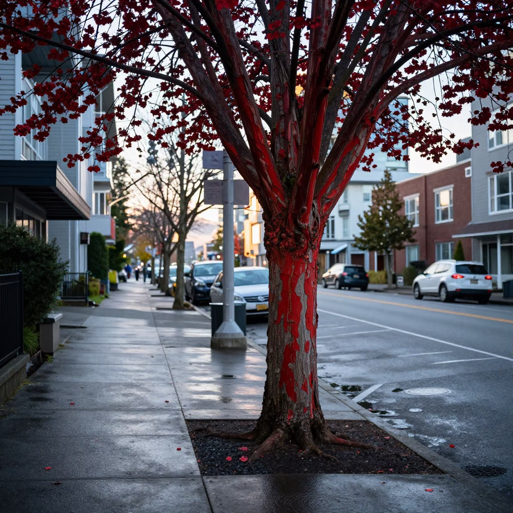 Early Morning Vancouver Street Scene with Madrone Tree and Urban Details in in Vancouver, British Columbia, Canada