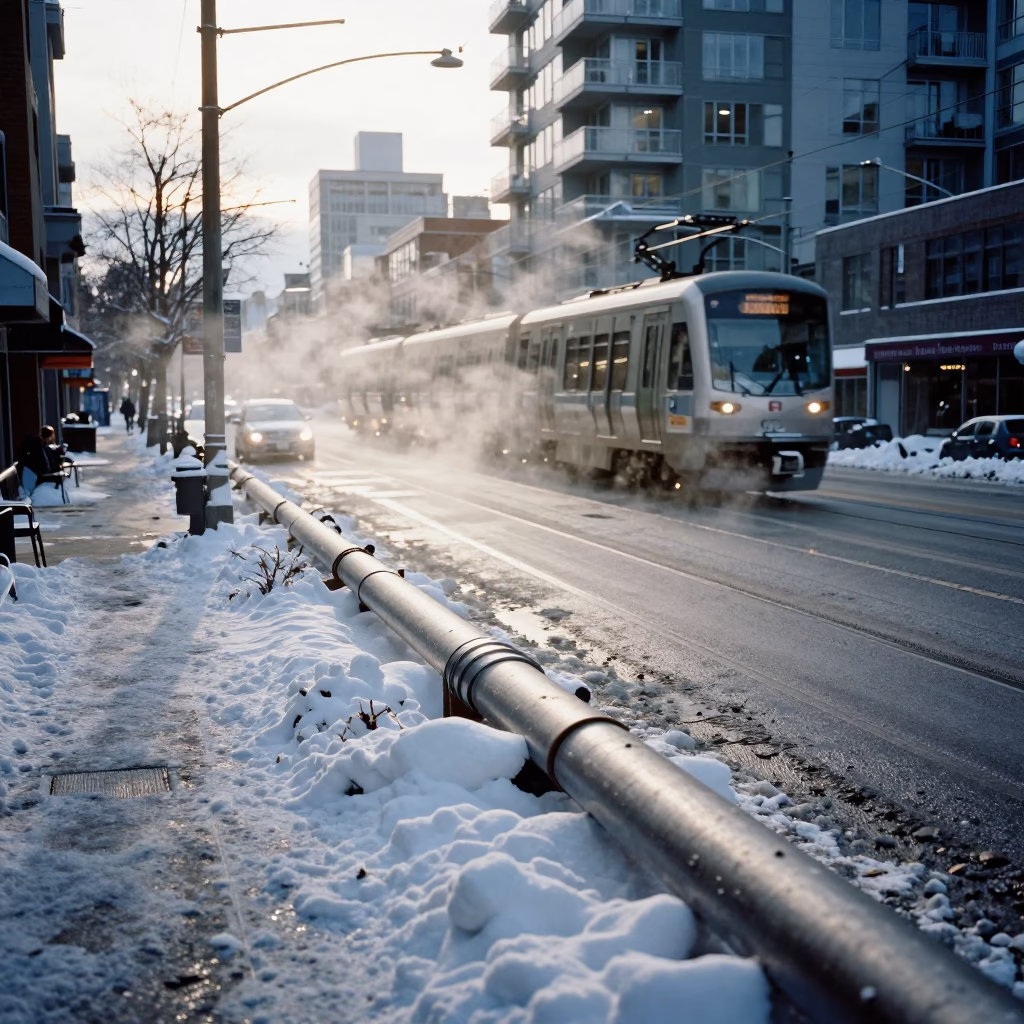Early Morning Vancouver Street Scene with Snow Covered District Heating Pipes and Urban Transit in in Vancouver, British Columbia, Canada
