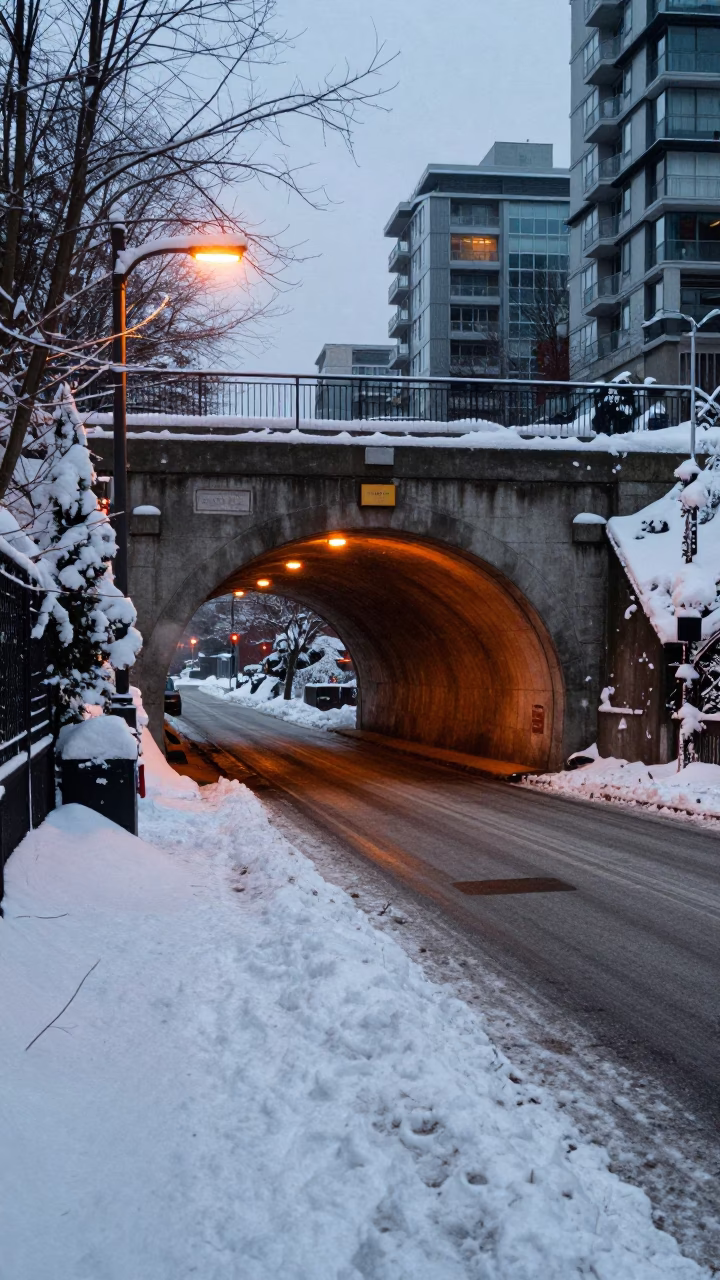 Early Morning Vancouver Street Scene with Snow Covered Tunnel Portal and Sodium Lamp Glow in in Vancouver, British Columbia, Canada