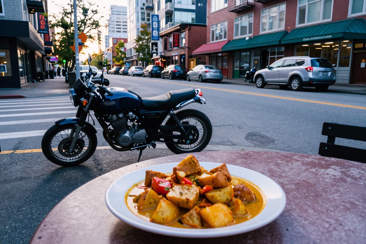 Early Morning Vancouver Street Scene with Vintage Motorcycle and Local Market Details in in Vancouver, British Columbia, Canada