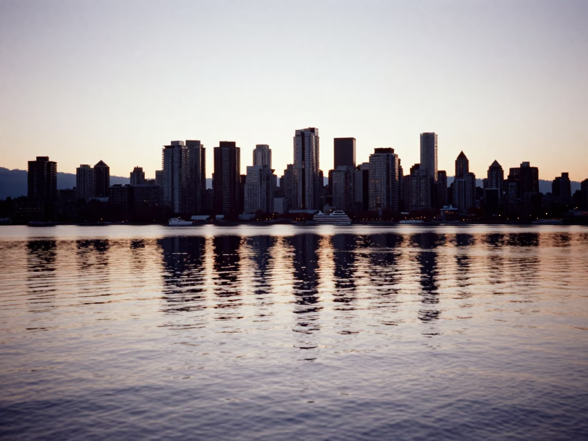 Early Morning Vancouver Waterfront Horizon with Reflections and City Skyline in in Vancouver, British Columbia, Canada