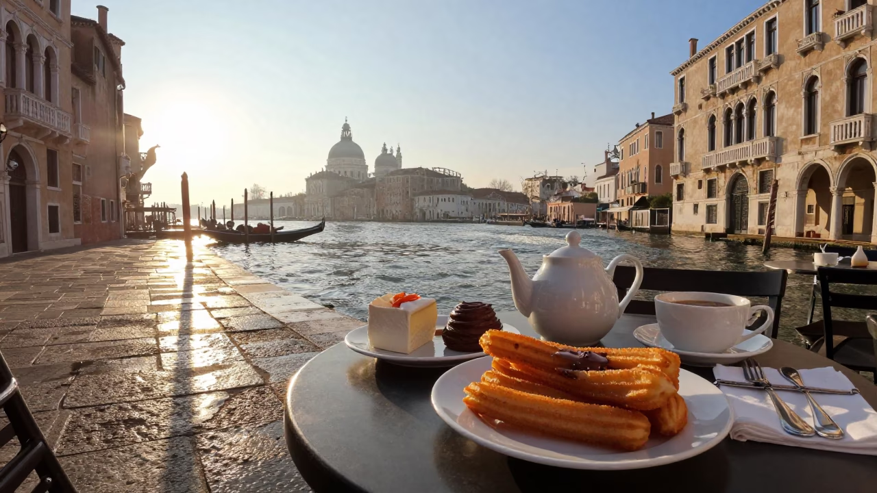 Early Morning Venetian Breakfast with Churros and Chocolate Sauce in Historic Piazza in in Venice, Italy