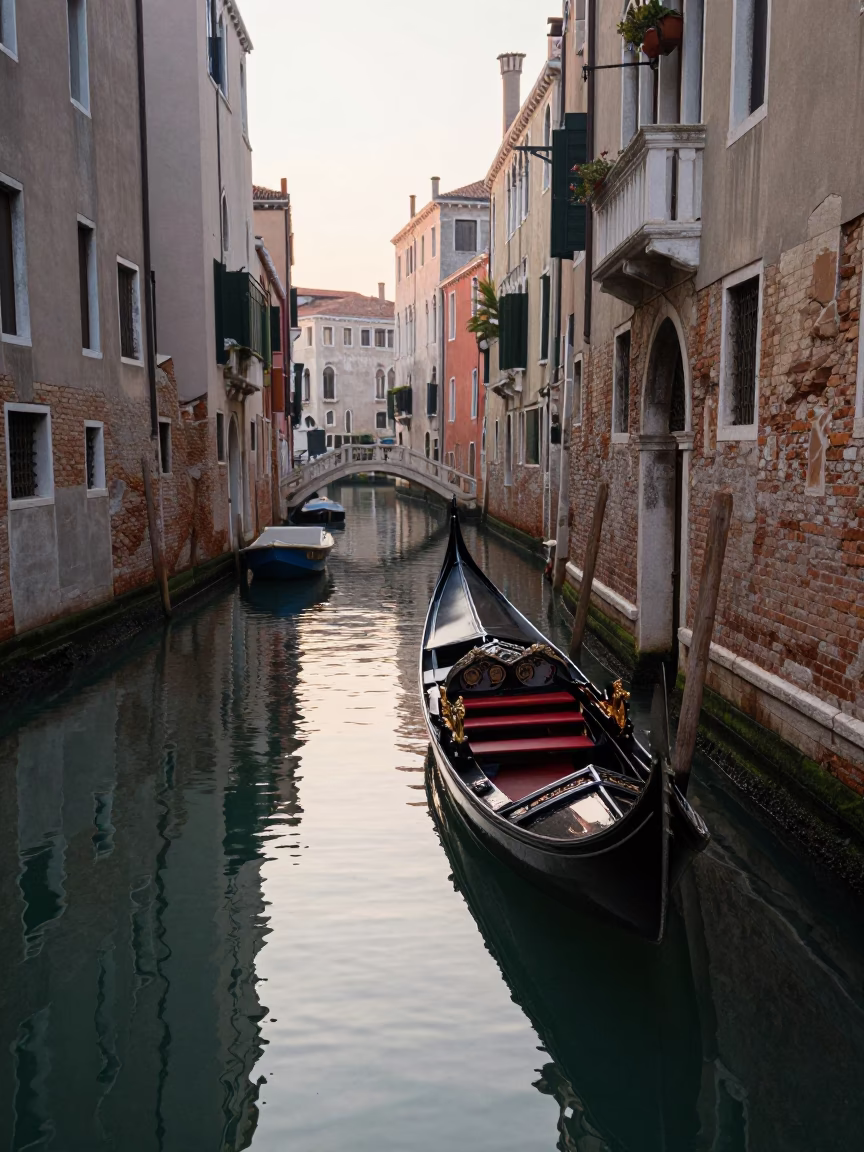 Early Morning Venetian Canal Scene with Boats and Weathered Architecture in in Venice, Italy