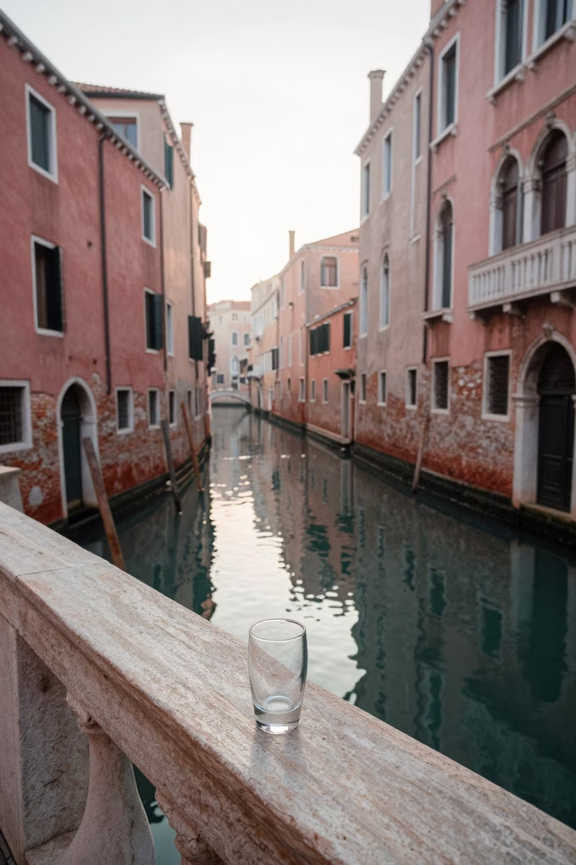 Early Morning Venetian Canal Scene with Glass Carafe on Stone Balcony in in Venice, Italy
