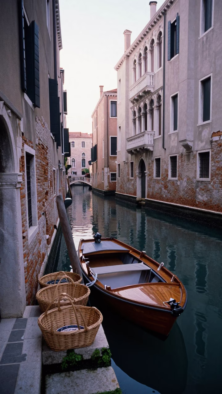 Early Morning Venetian Canal Scene with Woven Baskets and Stone Architecture at Dawn in in Venice, Italy