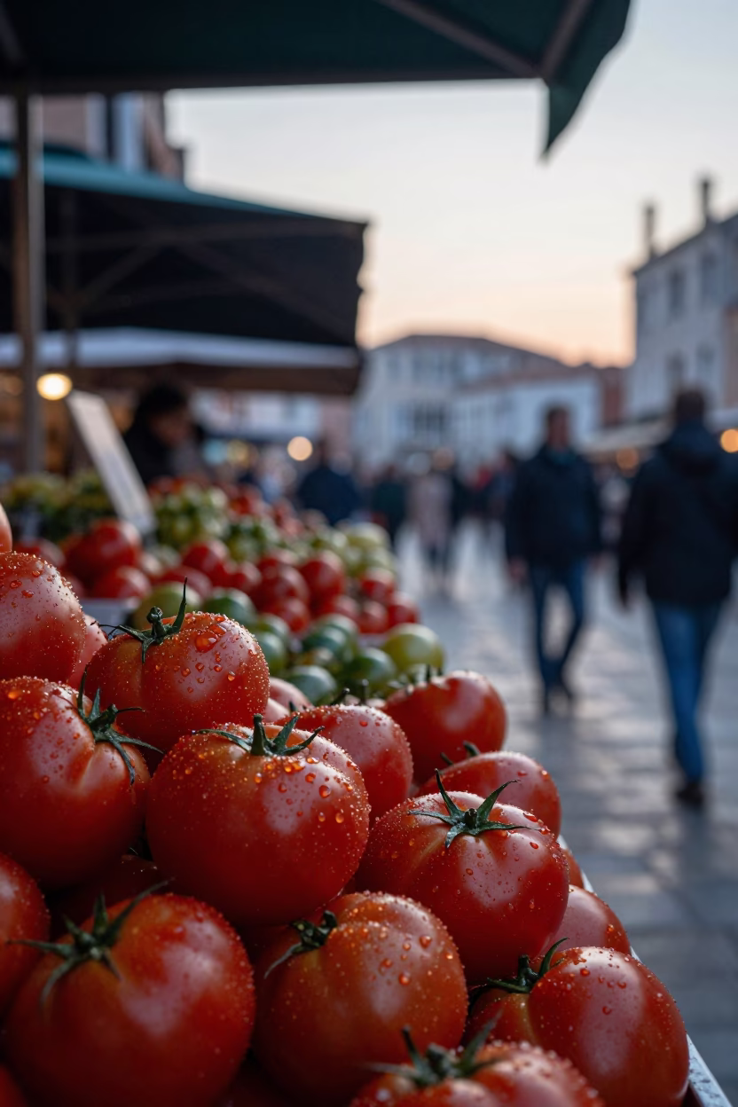 Early Morning Venetian Market Stalls with Water Droplets on Fresh Fruit in Italy in in Venice, Italy