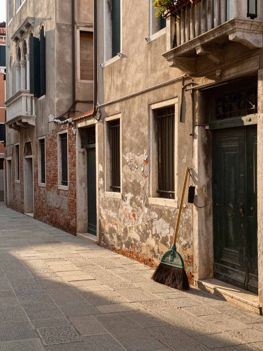 Early Morning Venetian Street Scene with Traditional Brooms and Majolica Plate in in Venice, Italy