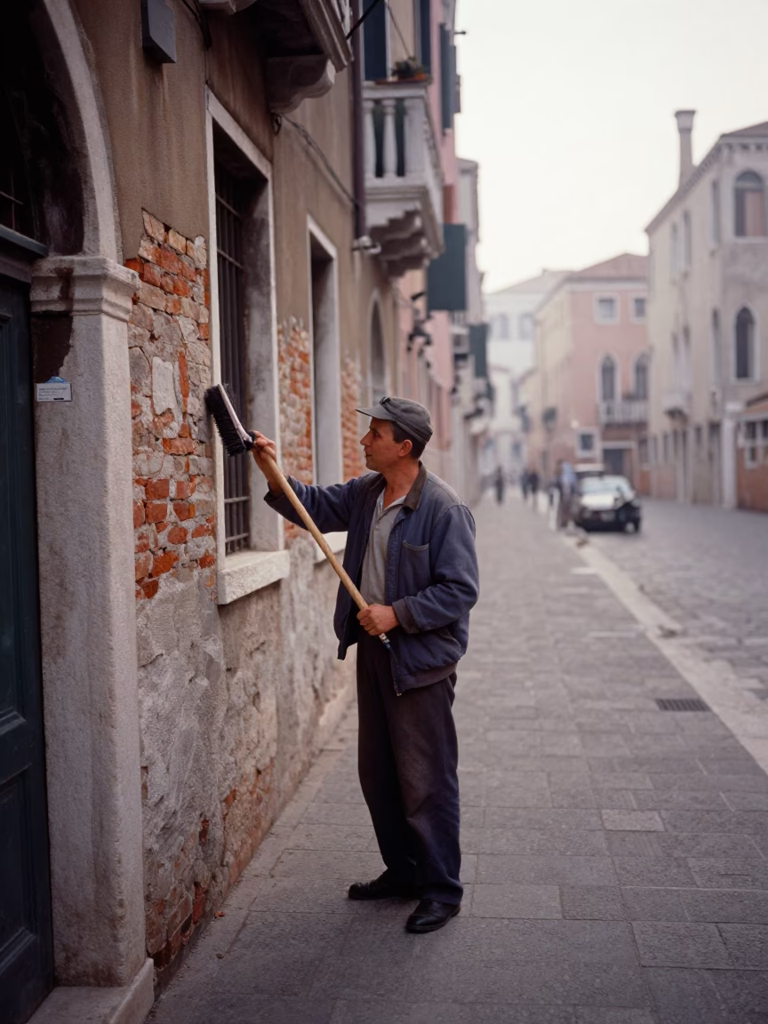 Early Morning Venetian Street Scene with Worker Cleaning Brass Fixtures in Italy in in Venice, Italy