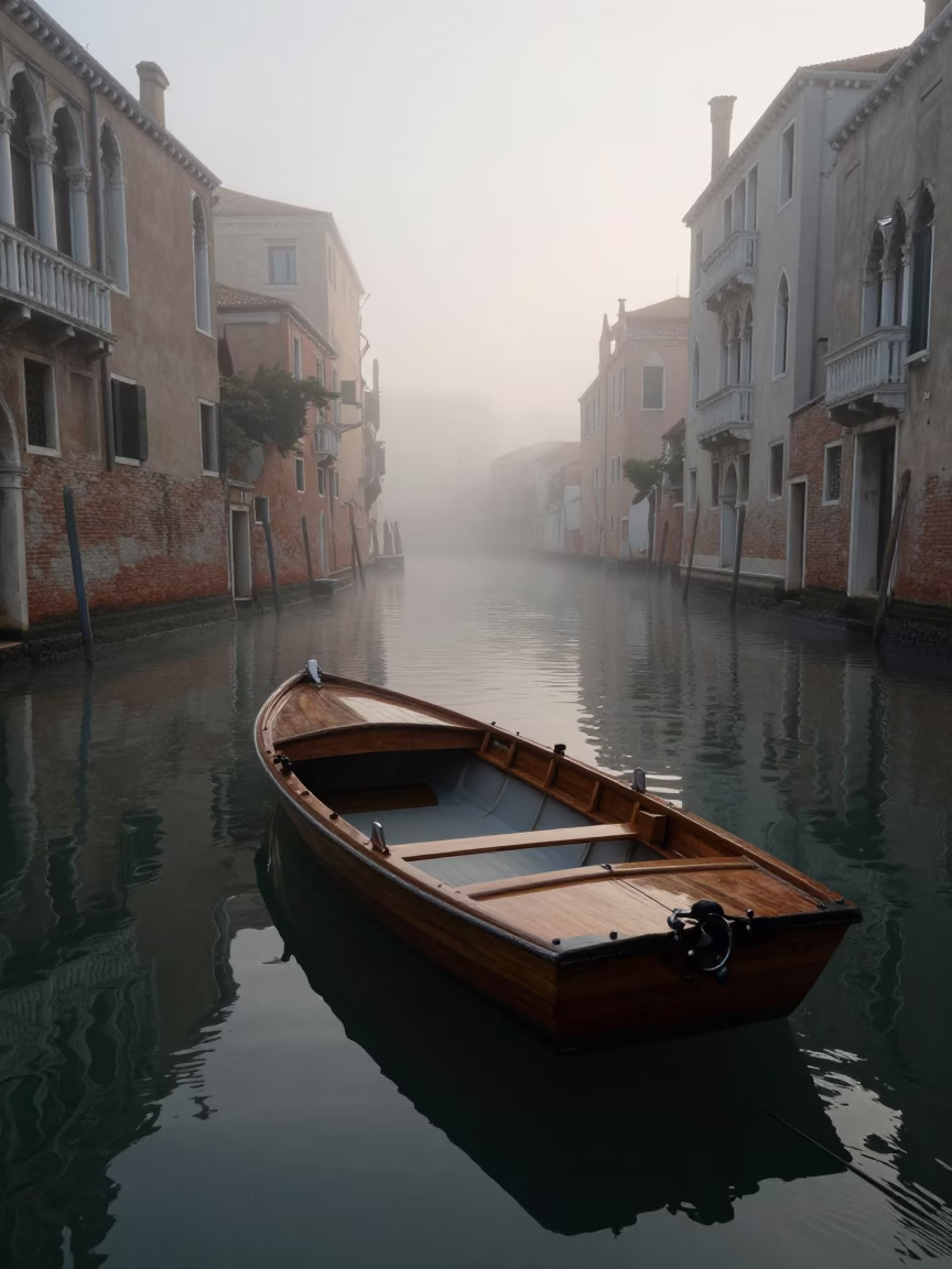 Early Morning Venice Canal Mist and Moored Wooden Rowboat in in Venice, Italy