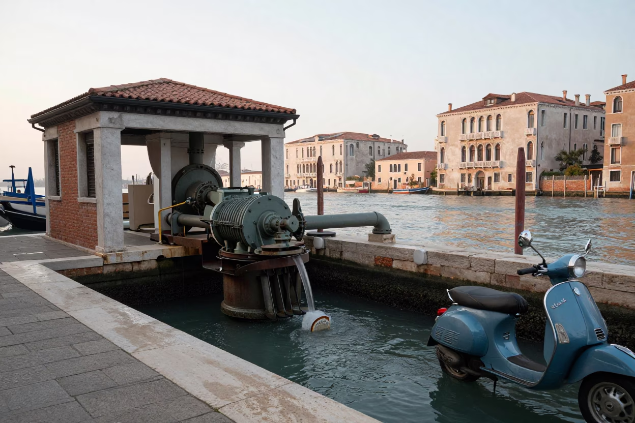 Early Morning Venice Canal Pumping Station and Vintage Vespa on Cobblestone Lane in in Venice, Italy