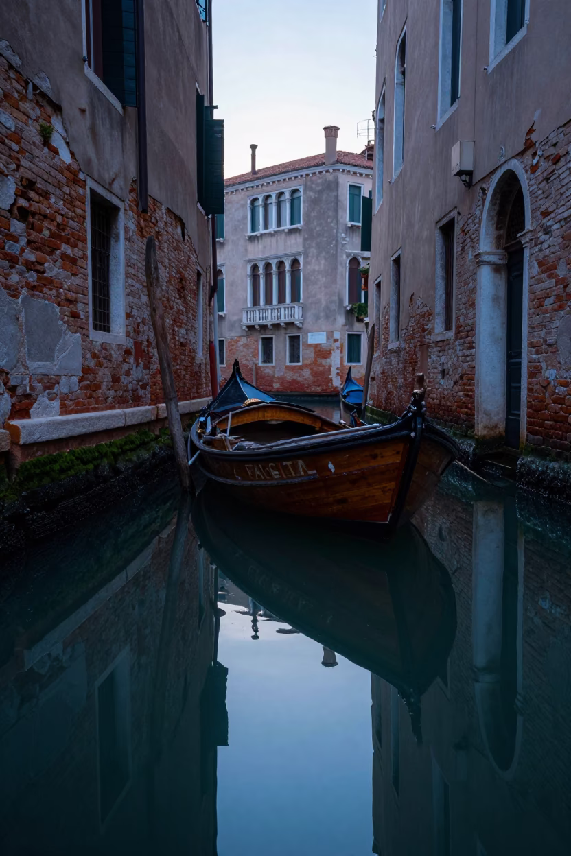 Early Morning Venice Canal Reflections and Traditional Wooden Boat Moored Near Historic Stone Architecture in in Venice, Italy